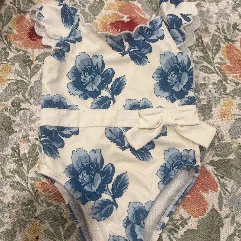 Janie and Jack White and Blue Floral Ruffle Swimsuit